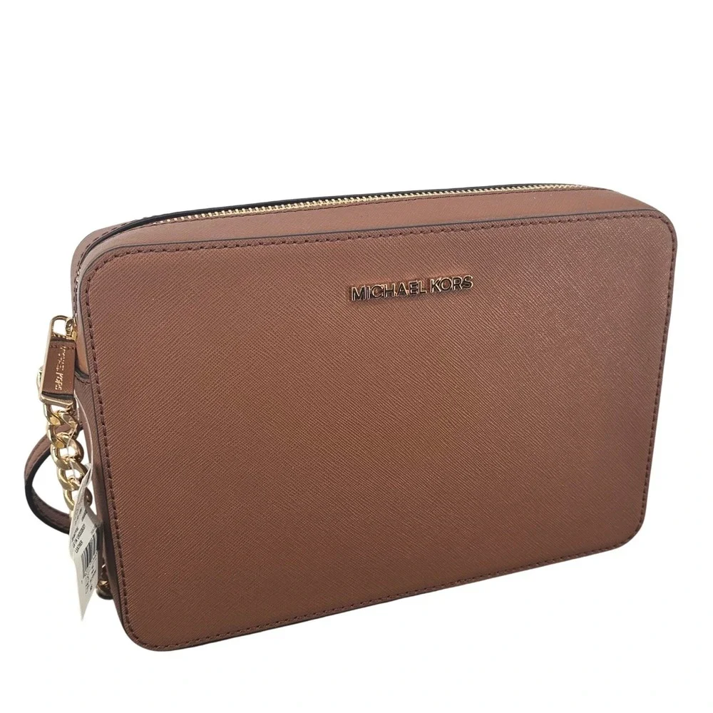 Michael Kors Jet Set Large East West Crossbody Bag Brown Saffiano Leather Gold